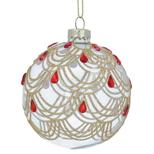 Glass Ball Clear, Gold Swags Red Gems 8cm